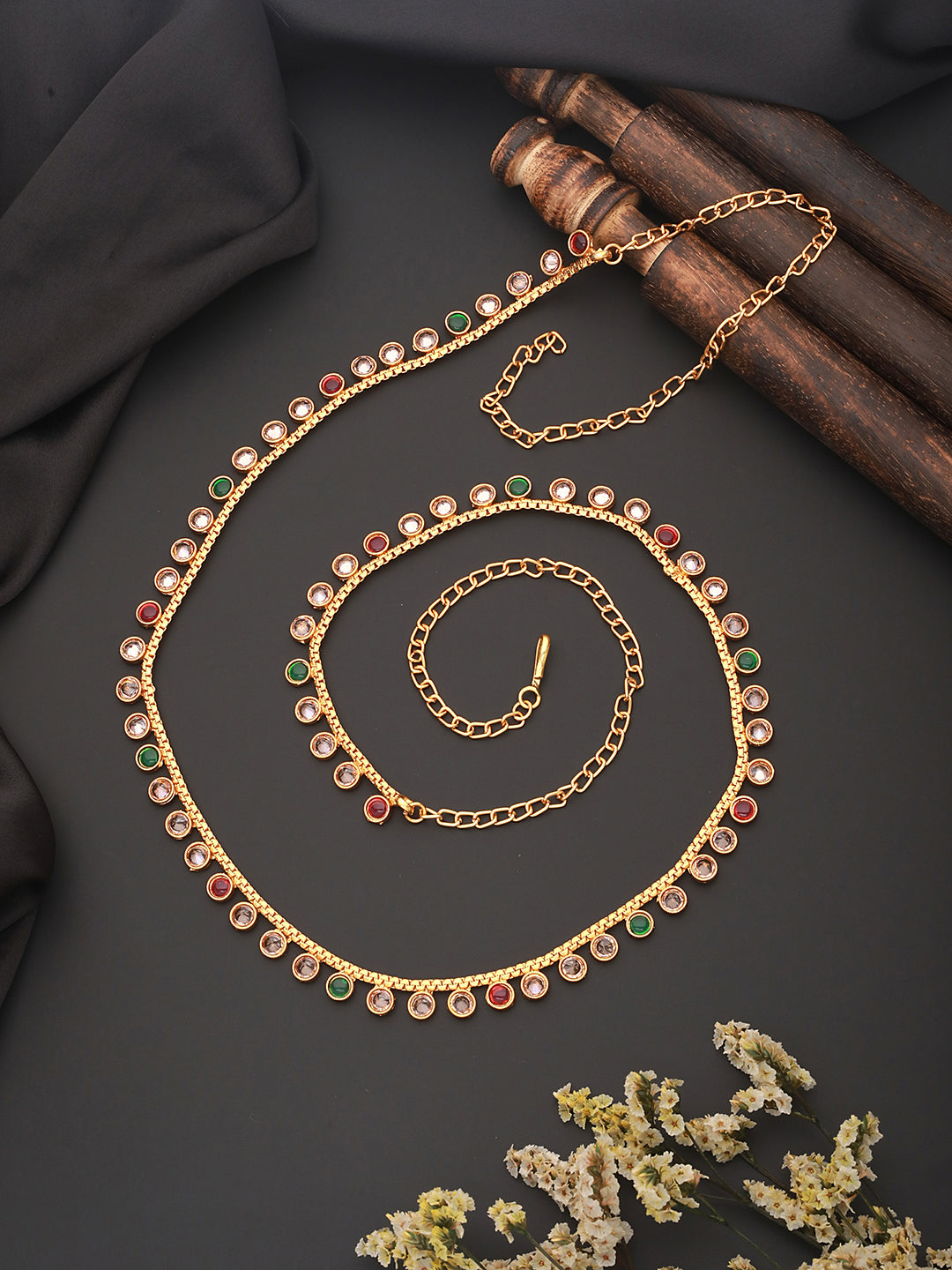 Gold Polish Nav Ratan Zircon Studded Trendy Hip Chain Kamarbandh